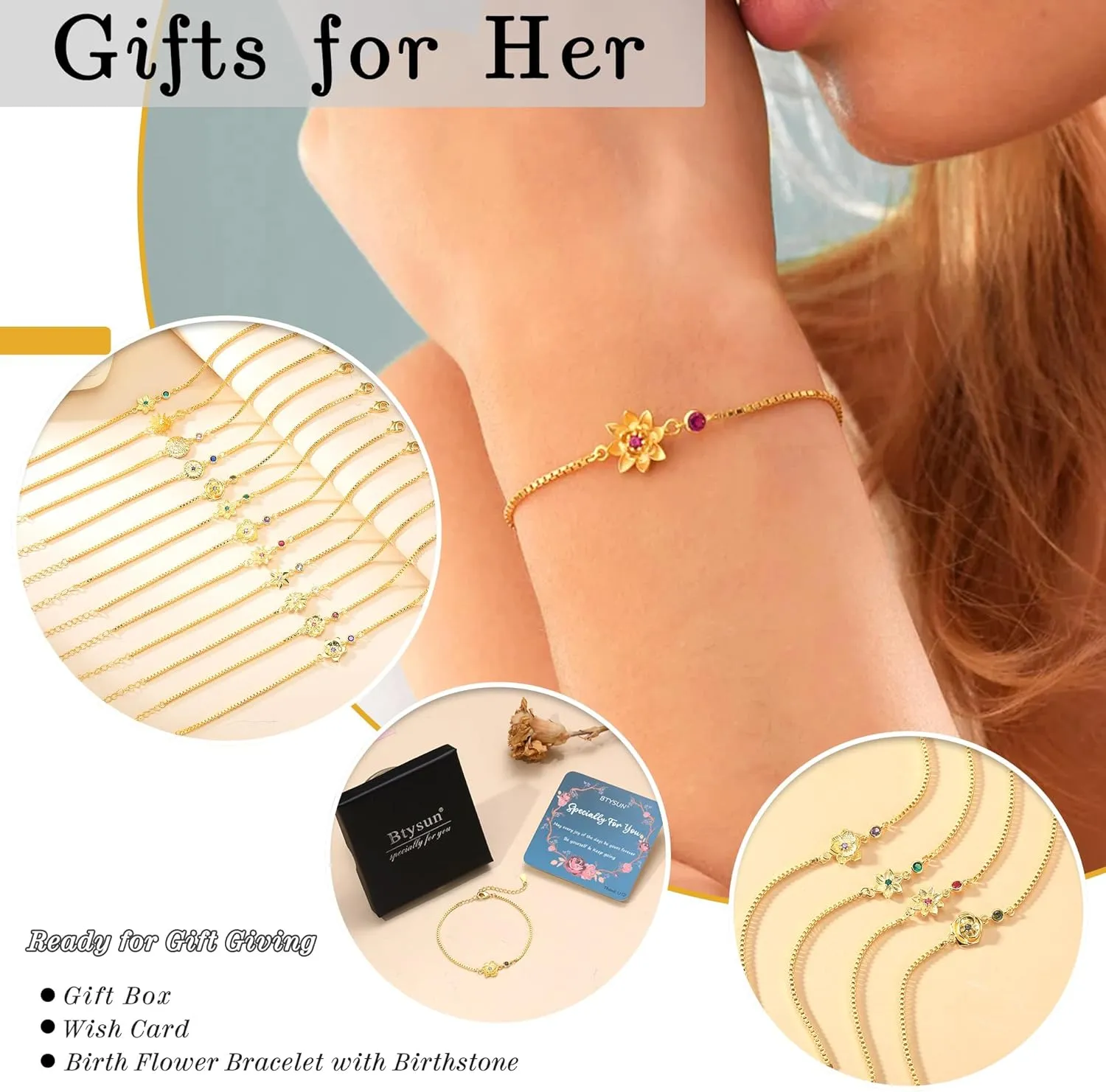 Birthday Gifts for Women, Birthstone Bracelets for Women Girls Mom Birthday Gifts for Her Adjustable Gold Birth Flower Link Bracelet 18th 21st 30th 40th 50th Mothers Day Gift Birthday Jewelry
