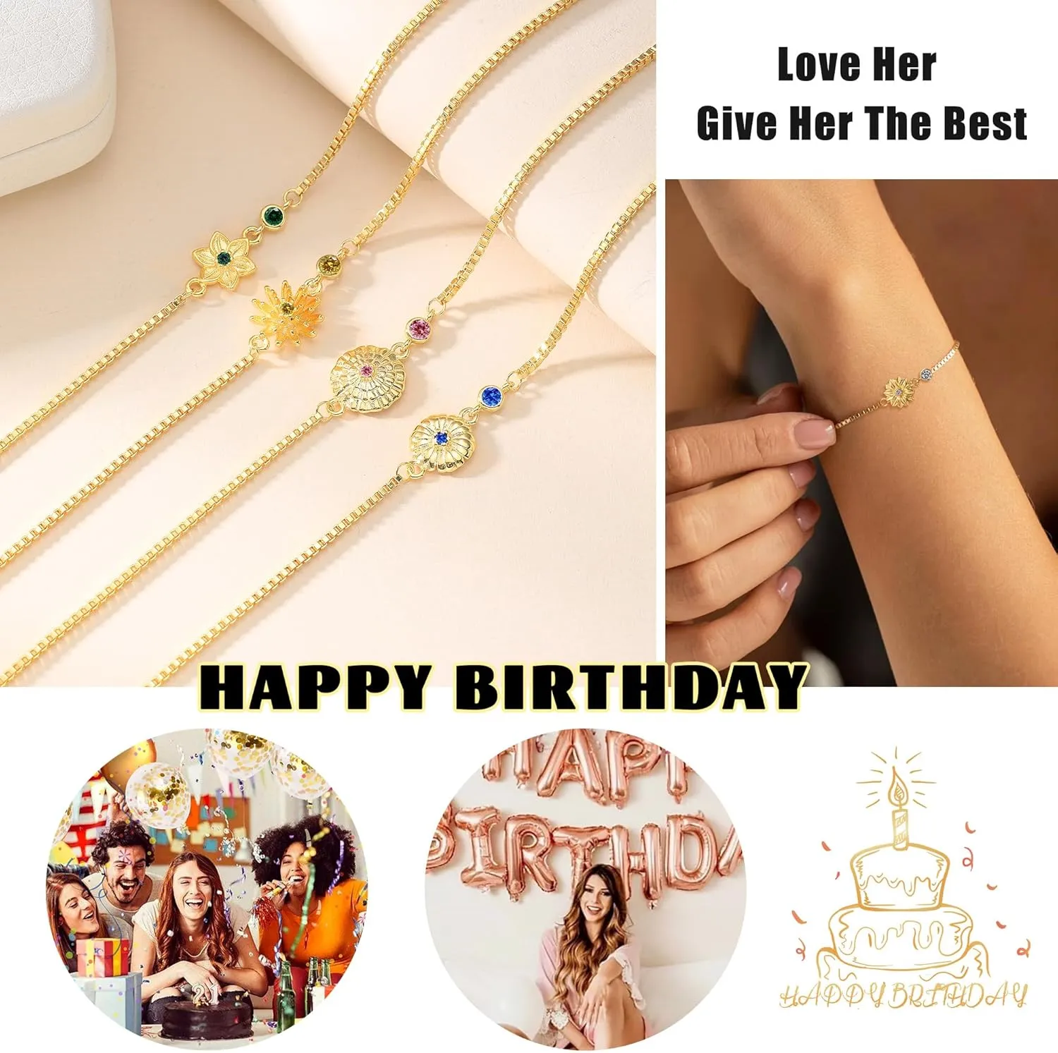 Birthday Gifts for Women, Birthstone Bracelets for Women Girls Mom Birthday Gifts for Her Adjustable Gold Birth Flower Link Bracelet 18th 21st 30th 40th 50th Mothers Day Gift Birthday Jewelry