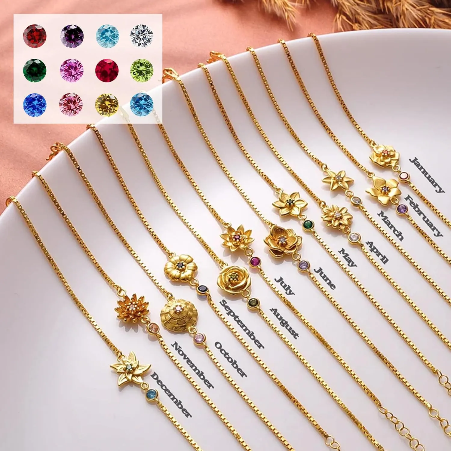 Birthday Gifts for Women, Birthstone Bracelets for Women Girls Mom Birthday Gifts for Her Adjustable Gold Birth Flower Link Bracelet 18th 21st 30th 40th 50th Mothers Day Gift Birthday Jewelry