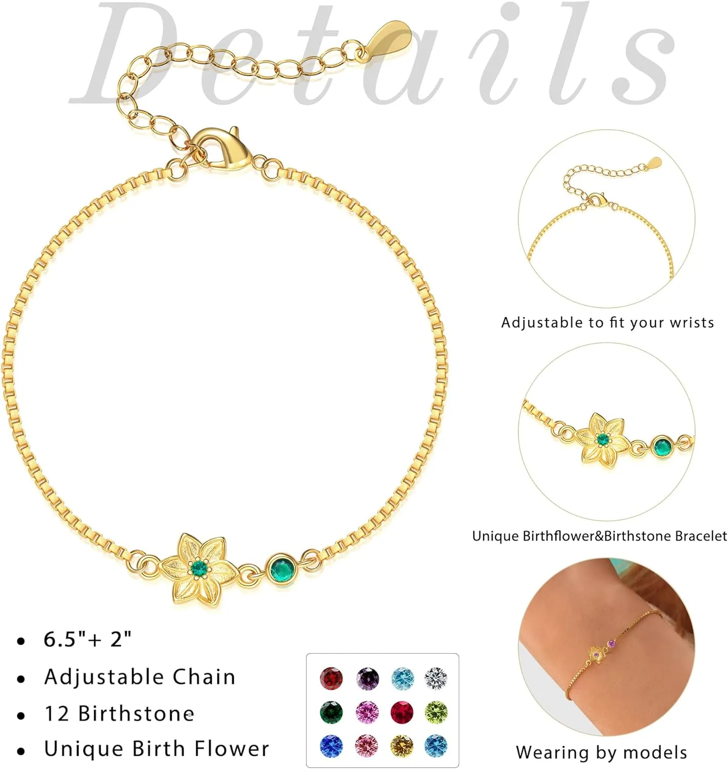 Birthday Gifts for Women, Birthstone Bracelets for Women Girls Mom Birthday Gifts for Her Adjustable Gold Birth Flower Link Bracelet 18th 21st 30th 40th 50th Mothers Day Gift Birthday Jewelry