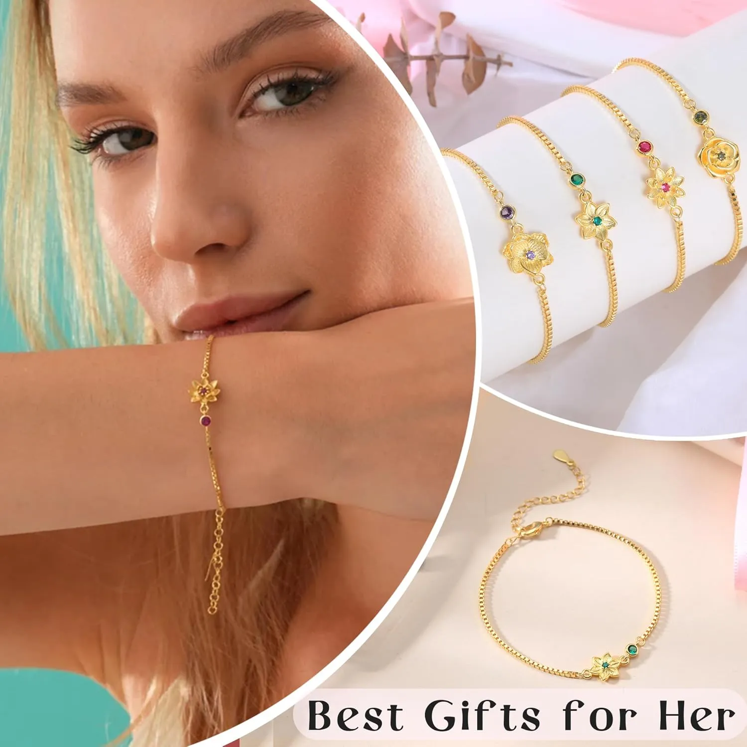 Birthday Gifts for Women, Birthstone Bracelets for Women Girls Mom Birthday Gifts for Her Adjustable Gold Birth Flower Link Bracelet 18th 21st 30th 40th 50th Mothers Day Gift Birthday Jewelry