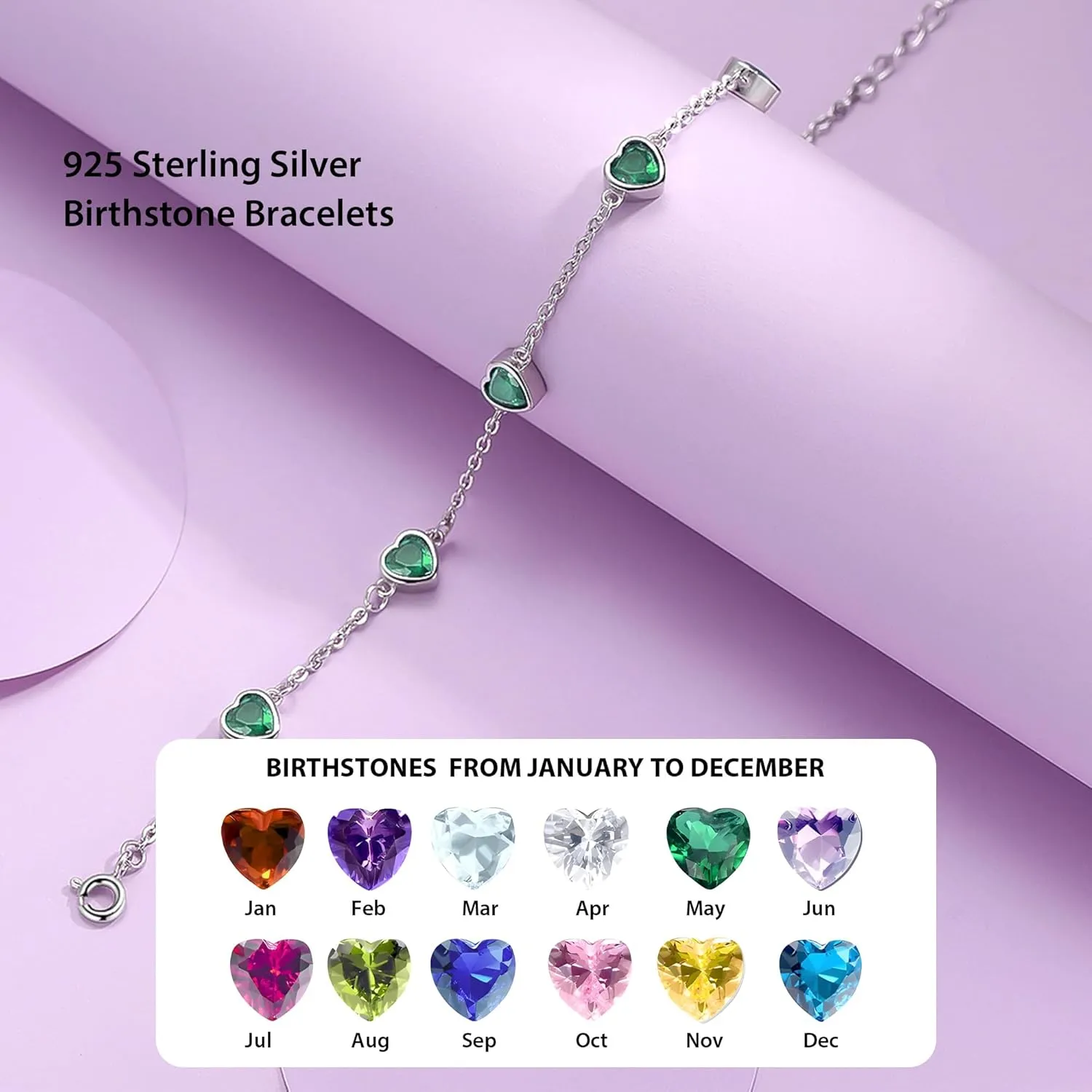 Birthstone Bracelets for women 925 Sterling Silver Diamond Heart Bracelet Link Birthstone Jewelry Gift for Women