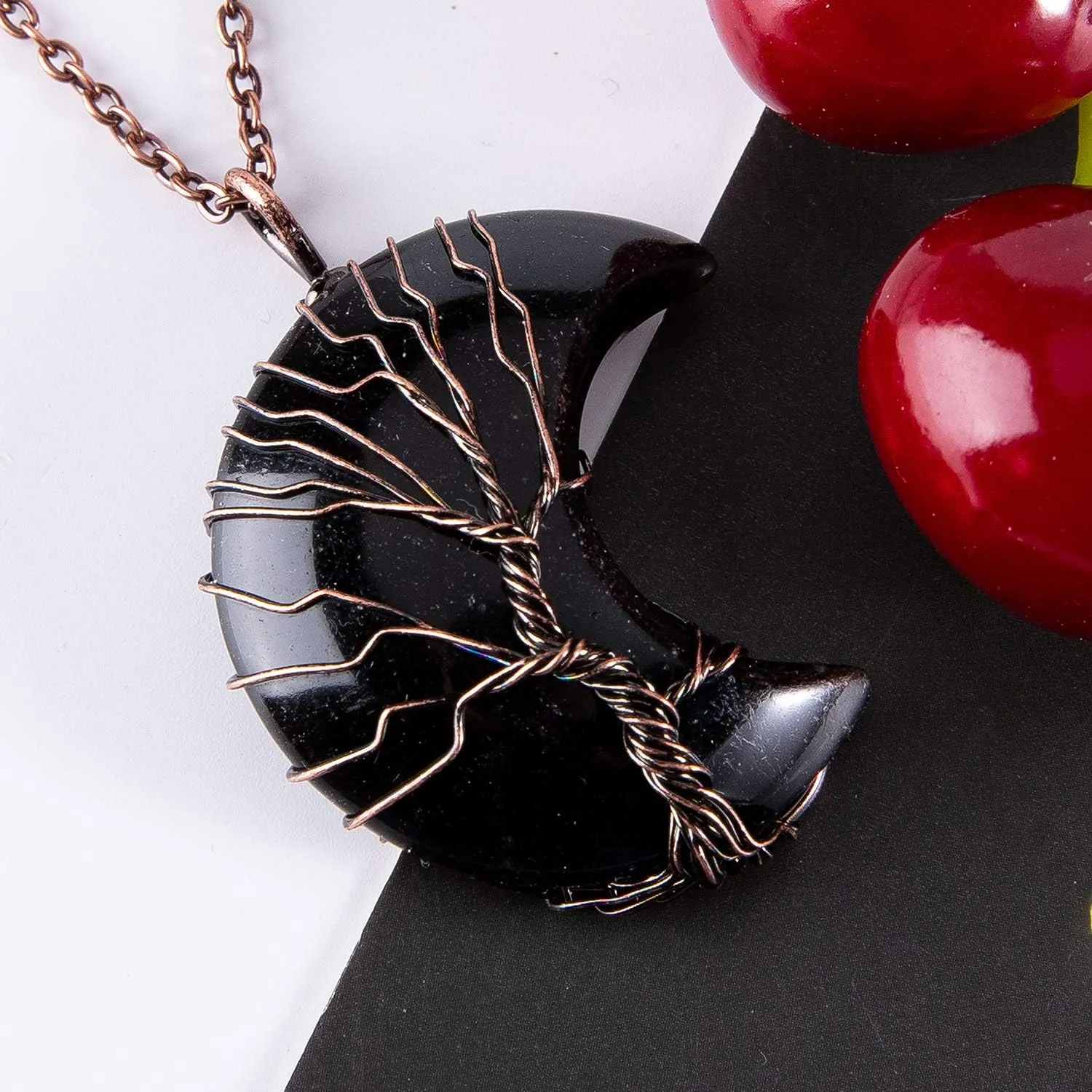 Bivei Life Tree Crescent Moon Necklaces for Women, Copper Wire Wrap Gemstones Pendant Crystals and Natural Stones Necklace Witch Jewellery