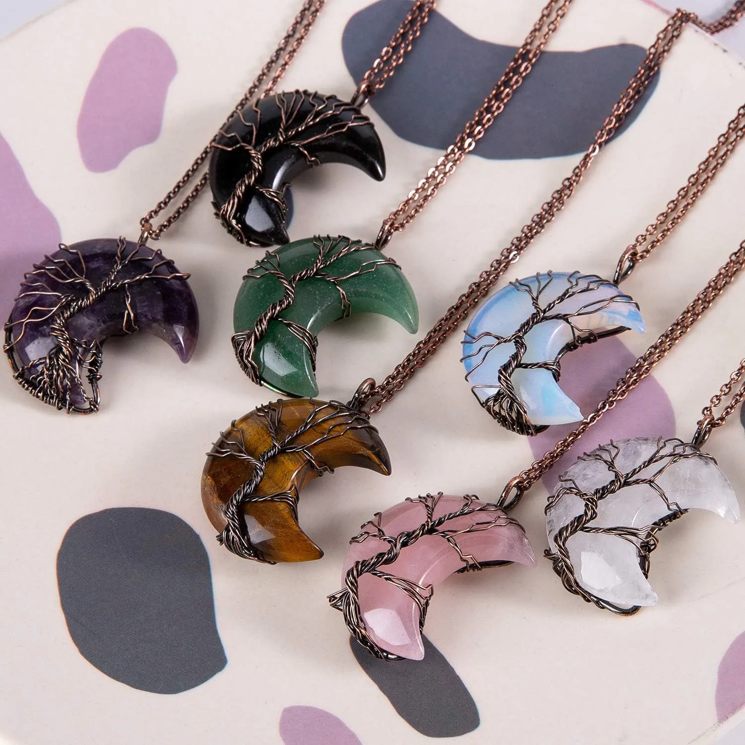 Bivei Life Tree Crescent Moon Necklaces for Women, Copper Wire Wrap Gemstones Pendant Crystals and Natural Stones Necklace Witch Jewellery