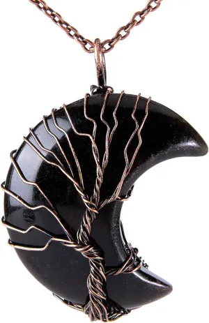 Bivei Life Tree Crescent Moon Necklaces for Women, Copper Wire Wrap Gemstones Pendant Crystals and Natural Stones Necklace Witch Jewellery