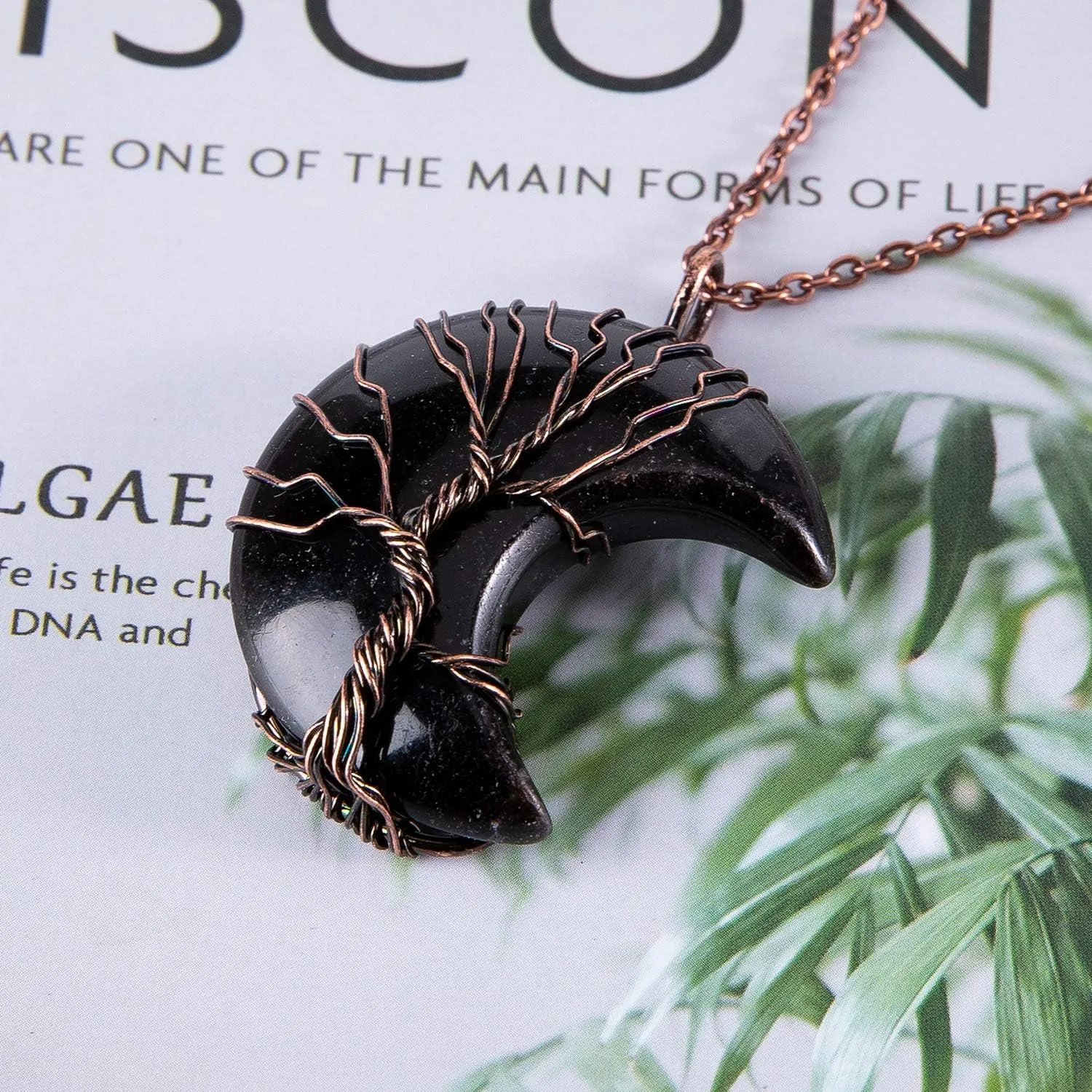 Bivei Life Tree Crescent Moon Necklaces for Women, Copper Wire Wrap Gemstones Pendant Crystals and Natural Stones Necklace Witch Jewellery