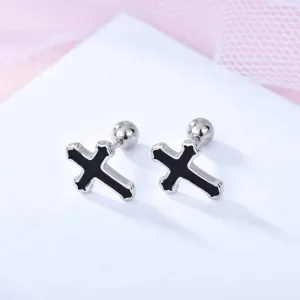 Black Cross Stud Earrings S925 Sterling Silver for Women Men Minimalist Punk Cartilage Small Helix Screw Back Tragus Piercing Ear Studs 20G Hypoallergenic Fashion Jewelry for Halloween Party