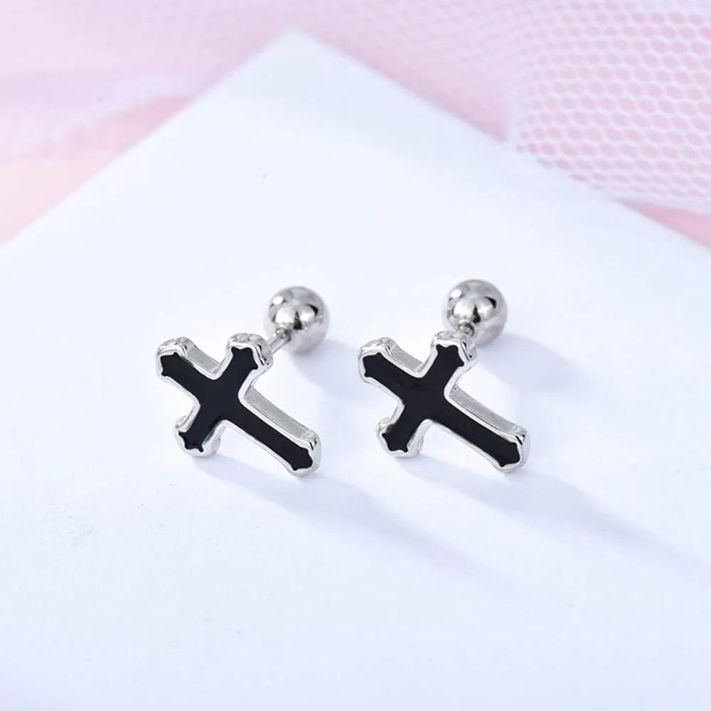 Black Cross Stud Earrings S925 Sterling Silver for Women Men Minimalist Punk Cartilage Small Helix Screw Back Tragus Piercing Ear Studs 20G Hypoallergenic Fashion Jewelry for Halloween Party
