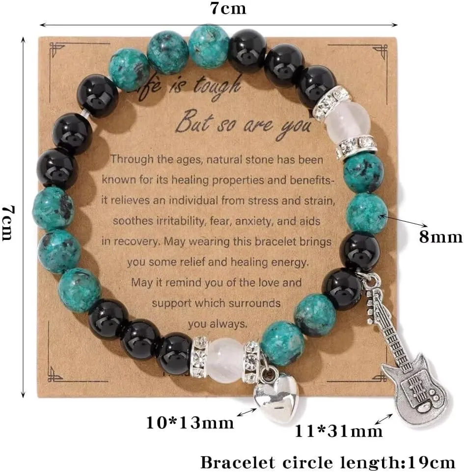 Blue Drop Y2k Rock Guitar Charm Natural Stone Beaded Bracelets Get Well Soon Crystal Heart Bracelets Inspirational Bracelet for Mother's Day Graduation Birthday Teacher Appreciation Friendship Gifts