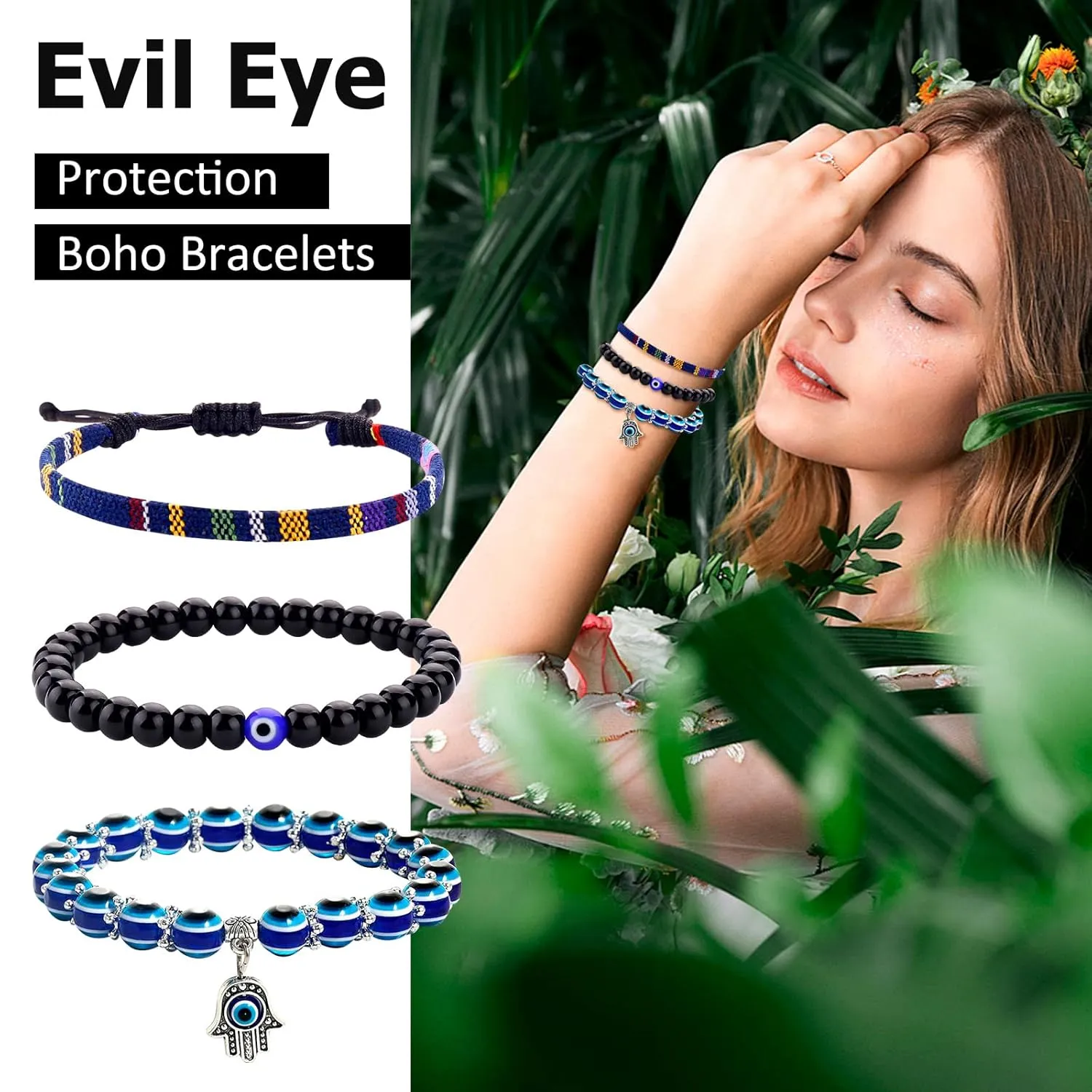 Blue Evil Eye Bracelets Set of 3 Black Bead Protection Jewelry Boho Handmade Beach Bracelet for Women Men Boys Girls (Color B)