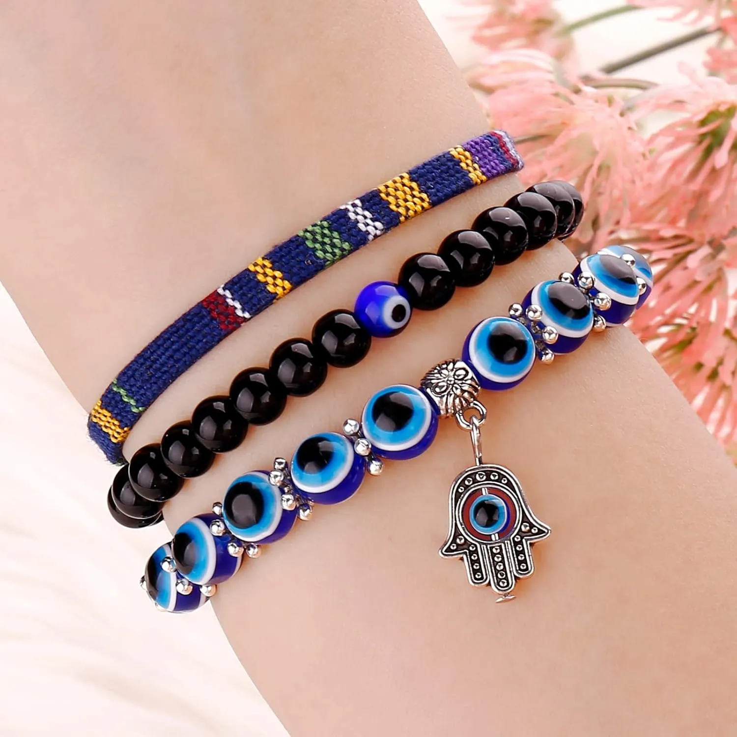 Blue Evil Eye Bracelets Set of 3 Black Bead Protection Jewelry Boho Handmade Beach Bracelet for Women Men Boys Girls (Color B)