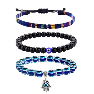 Blue Evil Eye Bracelets Set of 3 Black Bead Protection Jewelry Boho Handmade Beach Bracelet for Women Men Boys Girls (Color B)
