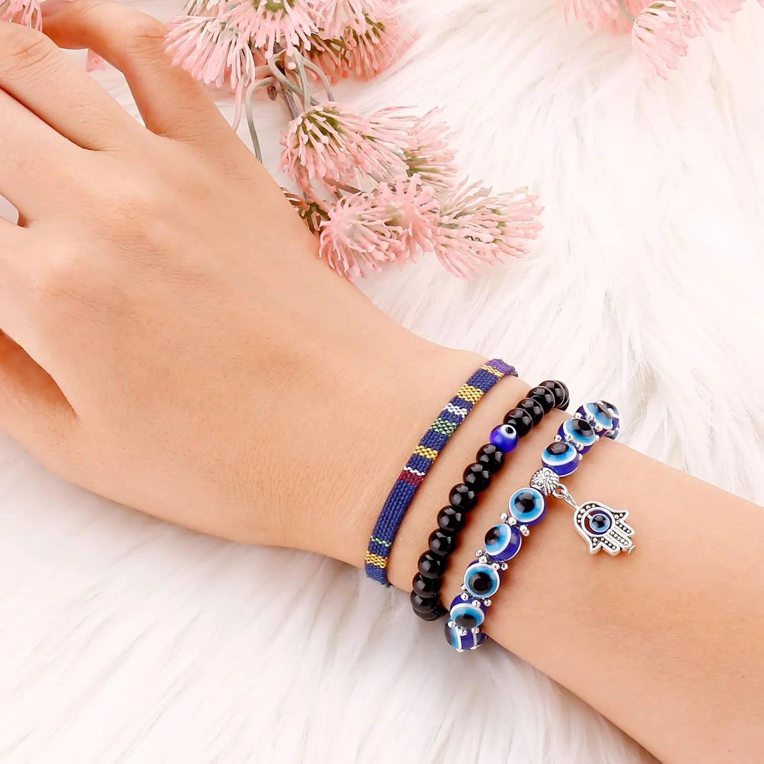 Blue Evil Eye Bracelets Set of 3 Black Bead Protection Jewelry Boho Handmade Beach Bracelet for Women Men Boys Girls (Color B)