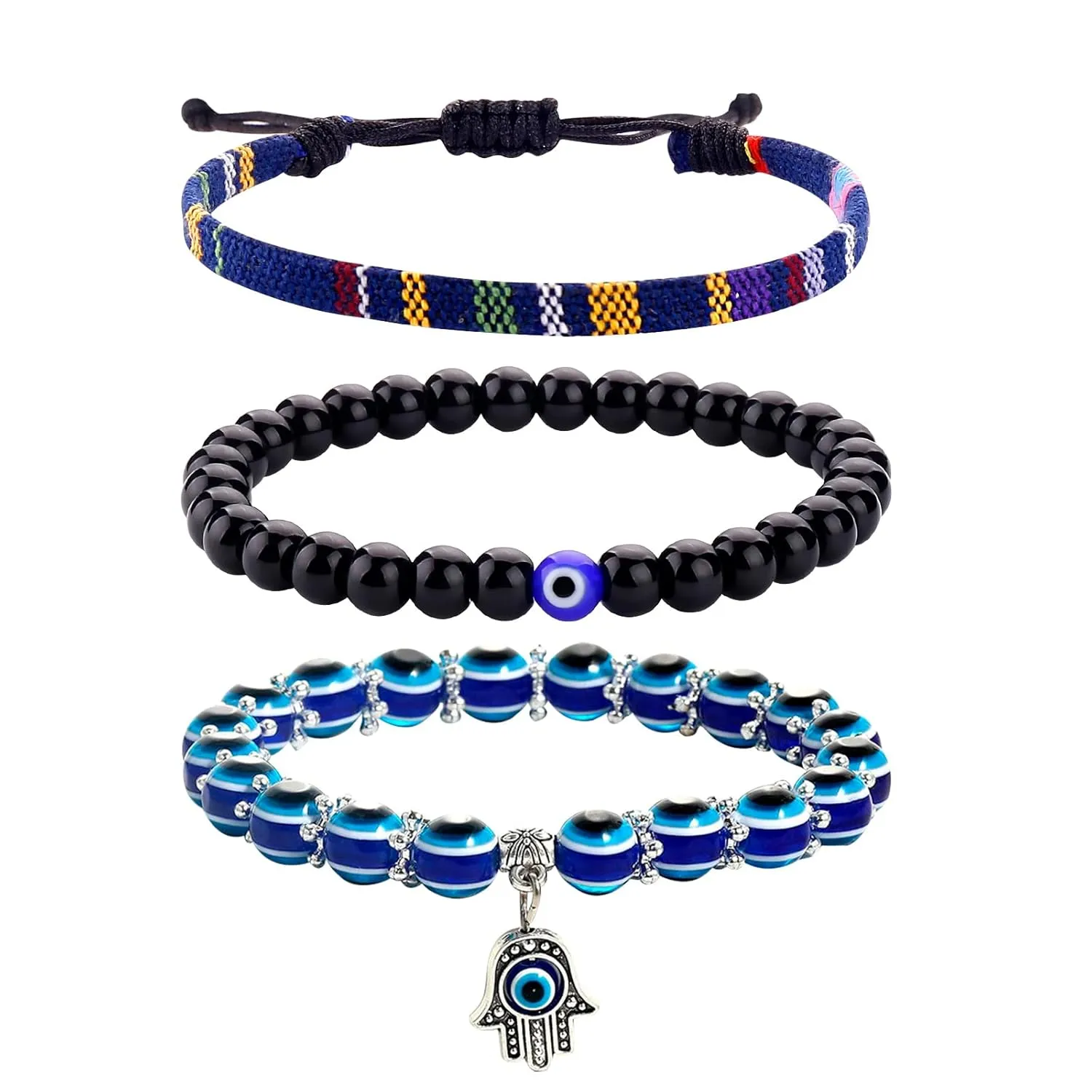 Blue Evil Eye Bracelets Set of 3 Black Bead Protection Jewelry Boho Handmade Beach Bracelet for Women Men Boys Girls (Color B)