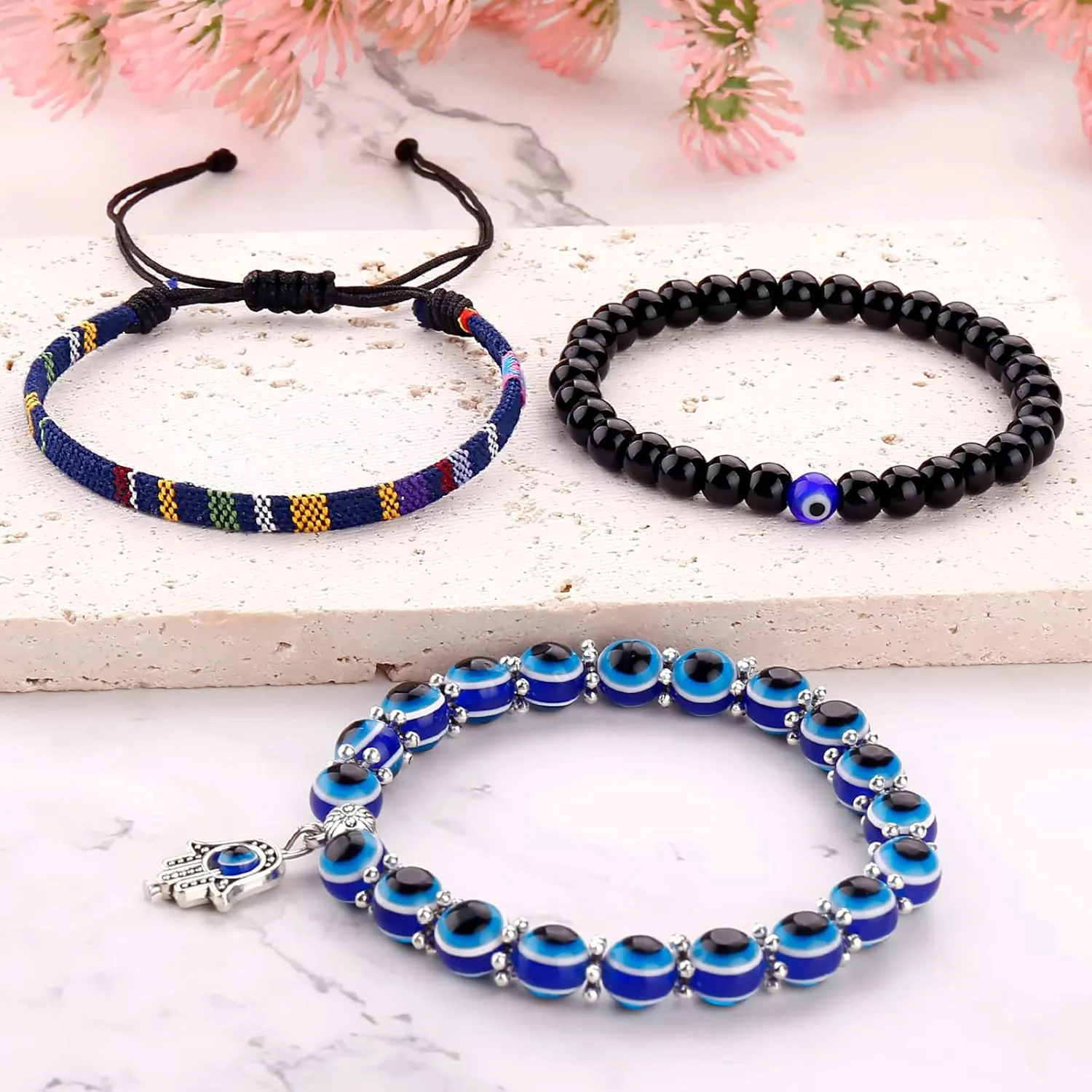 Blue Evil Eye Bracelets Set of 3 Black Bead Protection Jewelry Boho Handmade Beach Bracelet for Women Men Boys Girls (Color B)