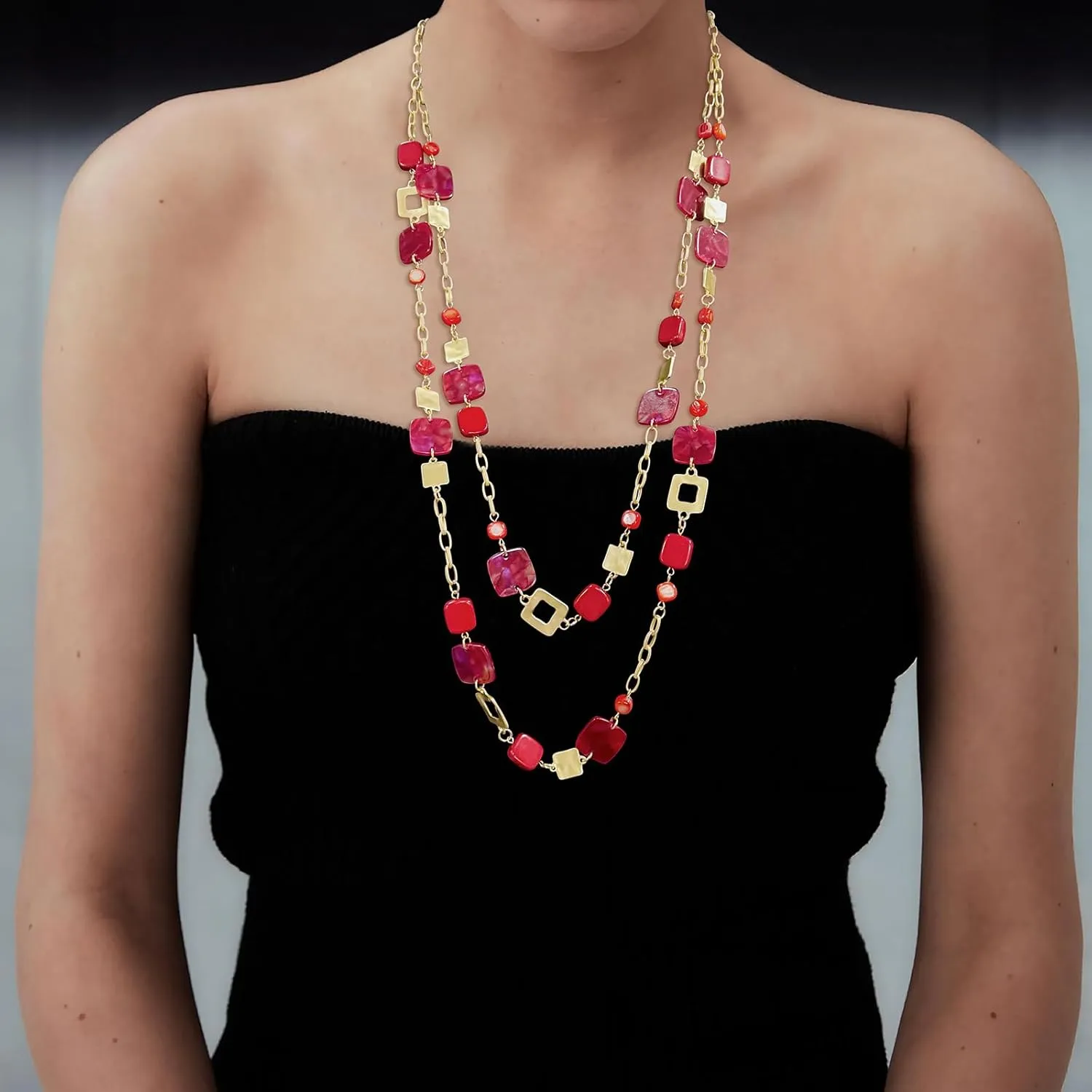 Bocar 2 Layer Long Necklaces for Women Statement Resin Strand Chain Necklace Costume Gift Jewelry(NK-10762)
