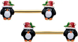 Body Candy Winter Holiday 14G Womens Nipplerings Piercing Steel Bright 2Pc Holly Hat Penguin Christmas Nipple Ring Set 9/16"