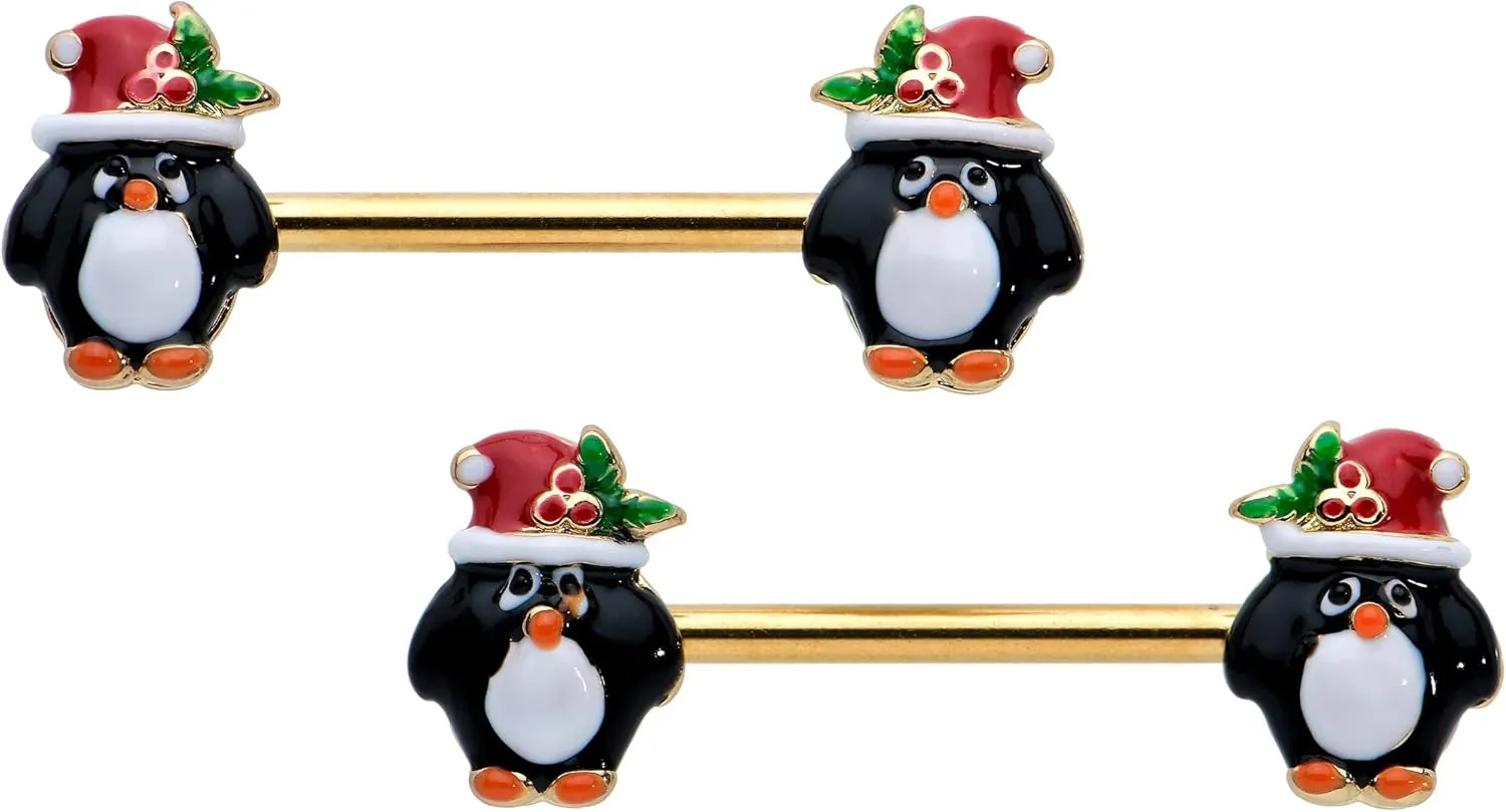 Body Candy Winter Holiday 14G Womens Nipplerings Piercing Steel Bright 2Pc Holly Hat Penguin Christmas Nipple Ring Set 9/16"