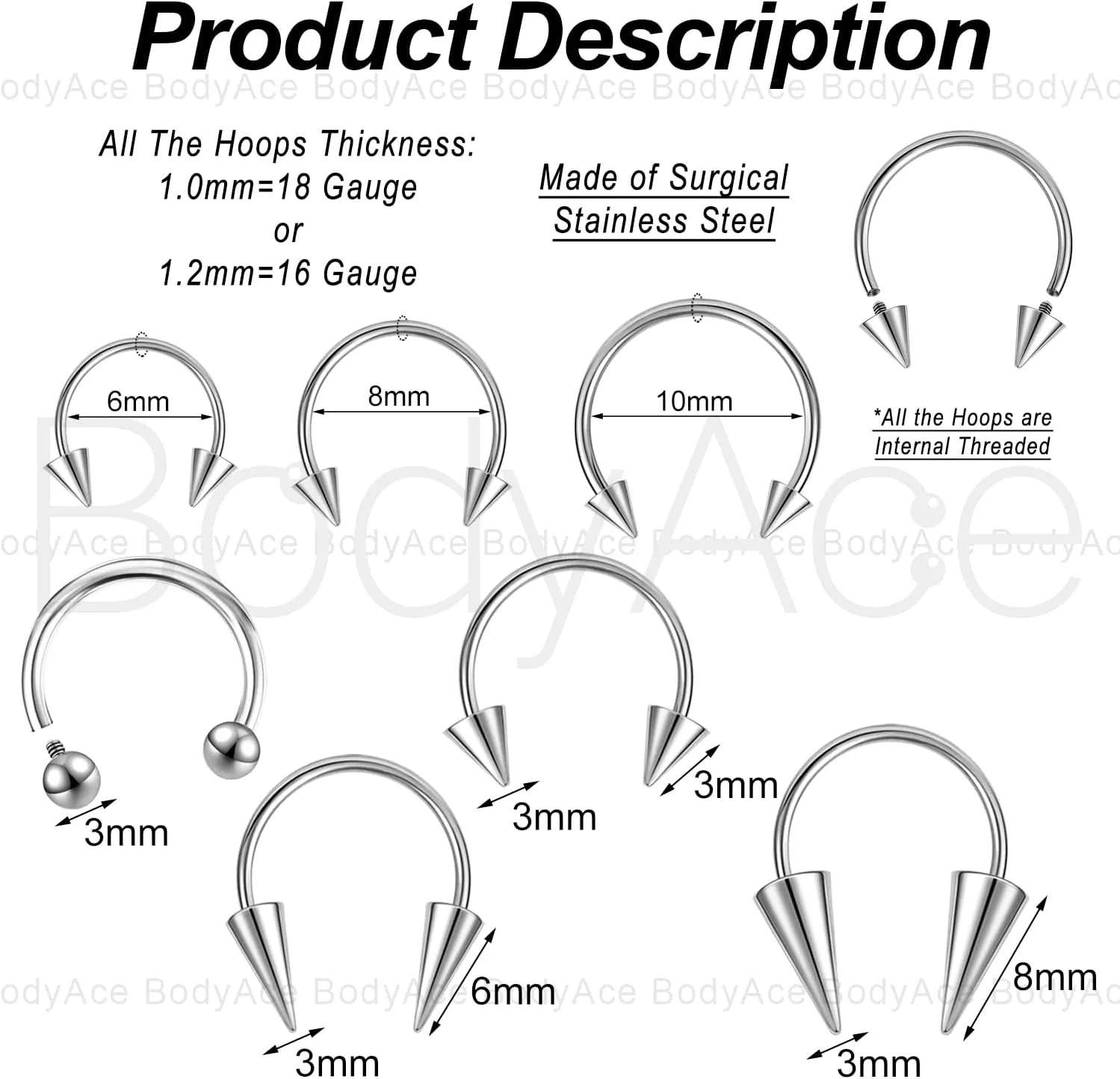 BodyAce 16G Spike Septum Rings 18G Horseshoe Nose Rings, Stainless Steel Tragus Cartilage Helix Earrings Hoop, Internal Threaded Rook Lip Piercing Jewelry