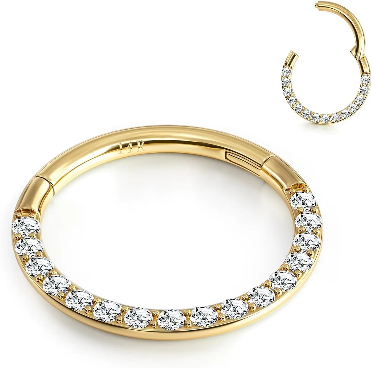 BodyBonita Hinged 14K Solid Gold Nose Rings Hoops - 16G Septum Rings CZ Clicker Hypoallergenic Cartilage Earrings for Women Conch Piercing Jewelry Helix Tragus Lobe Daith Snug Belly Button 7mm-10mm