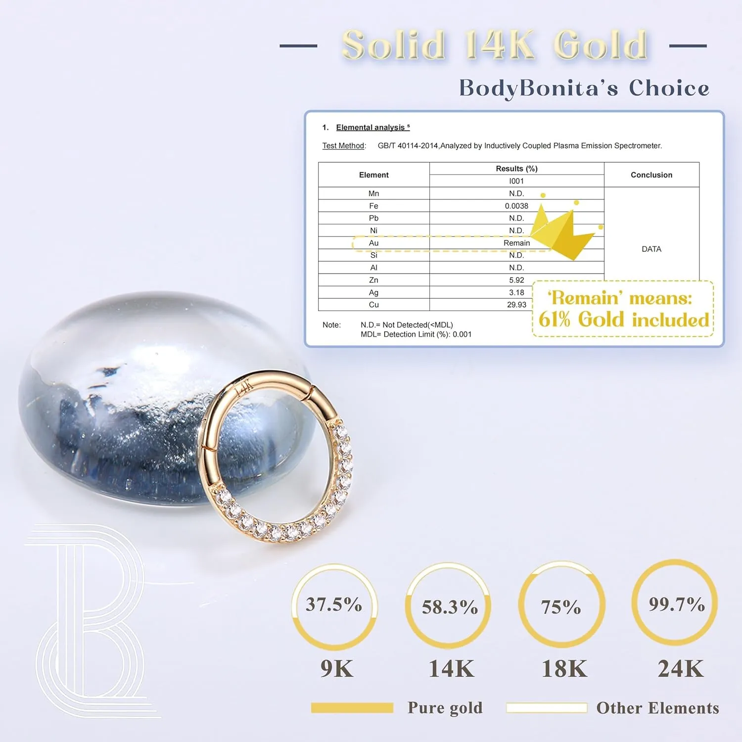 BodyBonita Hinged 14K Solid Gold Nose Rings Hoops - 16G Septum Rings CZ Clicker Hypoallergenic Cartilage Earrings for Women Conch Piercing Jewelry Helix Tragus Lobe Daith Snug Belly Button 7mm-10mm