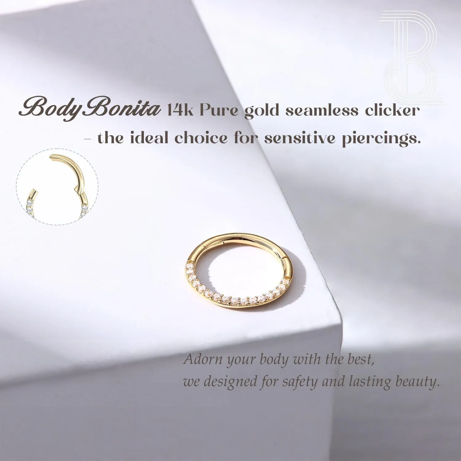 BodyBonita Hinged 14K Solid Gold Nose Rings Hoops - 16G Septum Rings CZ Clicker Hypoallergenic Cartilage Earrings for Women Conch Piercing Jewelry Helix Tragus Lobe Daith Snug Belly Button 7mm-10mm