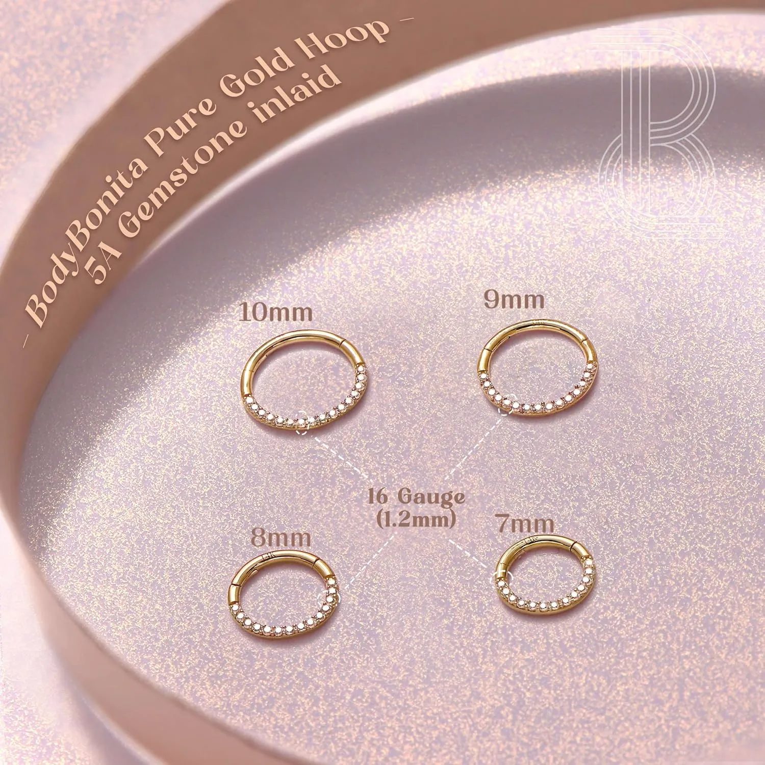 BodyBonita Hinged 14K Solid Gold Nose Rings Hoops - 16G Septum Rings CZ Clicker Hypoallergenic Cartilage Earrings for Women Conch Piercing Jewelry Helix Tragus Lobe Daith Snug Belly Button 7mm-10mm