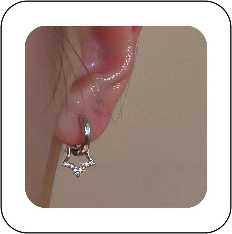 Bohemian Crystal Star Dangle Earrings Silver Cz Star Drop Earrings Rhinestone Star Circle Hoop Earrings Minimalist Hollow Star Earrings Jewelry for Women Gifts
