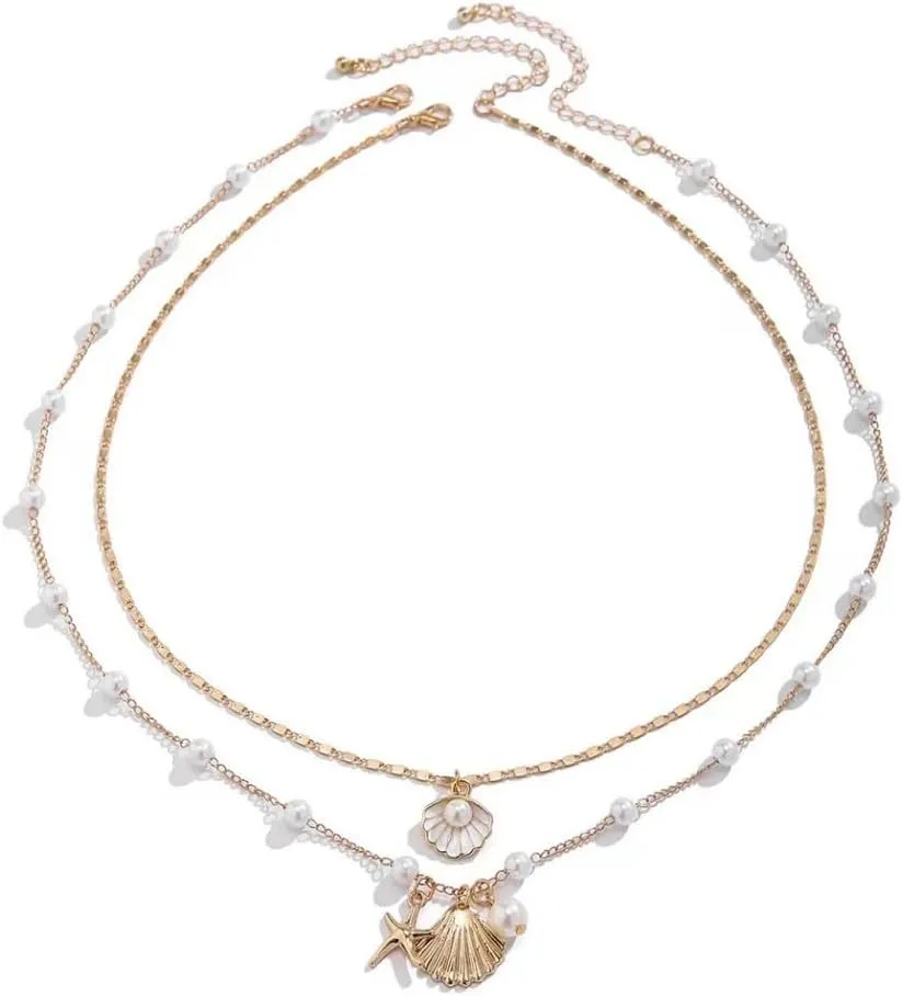 Bohemian Shell Necklace Layered Sequins Starfish Conch Seashell Choker Necklaces Summer Beach Holiday Surfer Necklace for Women