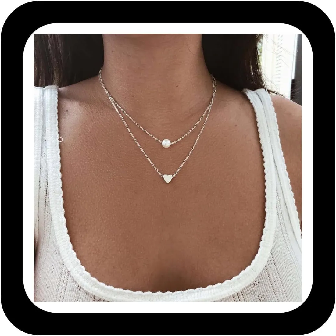 Boho Layered Pearl Heart Necklace Vintage Pearl Choker Necklace Silver Love Heart Necklace Freshwater Cutrued Pearl Necklace Jewelry for Women