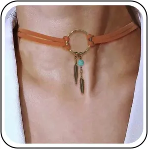 Boho Layered Suede Choker Necklace Tiny Leaf Pendant Necklace Chain Brown O Ring Leather Choker Necklace Turquoise Bead Necklace Chain Jewelry for Women