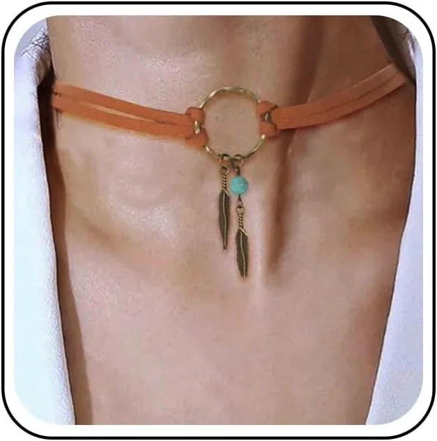 Boho Layered Suede Choker Necklace Tiny Leaf Pendant Necklace Chain Brown O Ring Leather Choker Necklace Turquoise Bead Necklace Chain Jewelry for Women