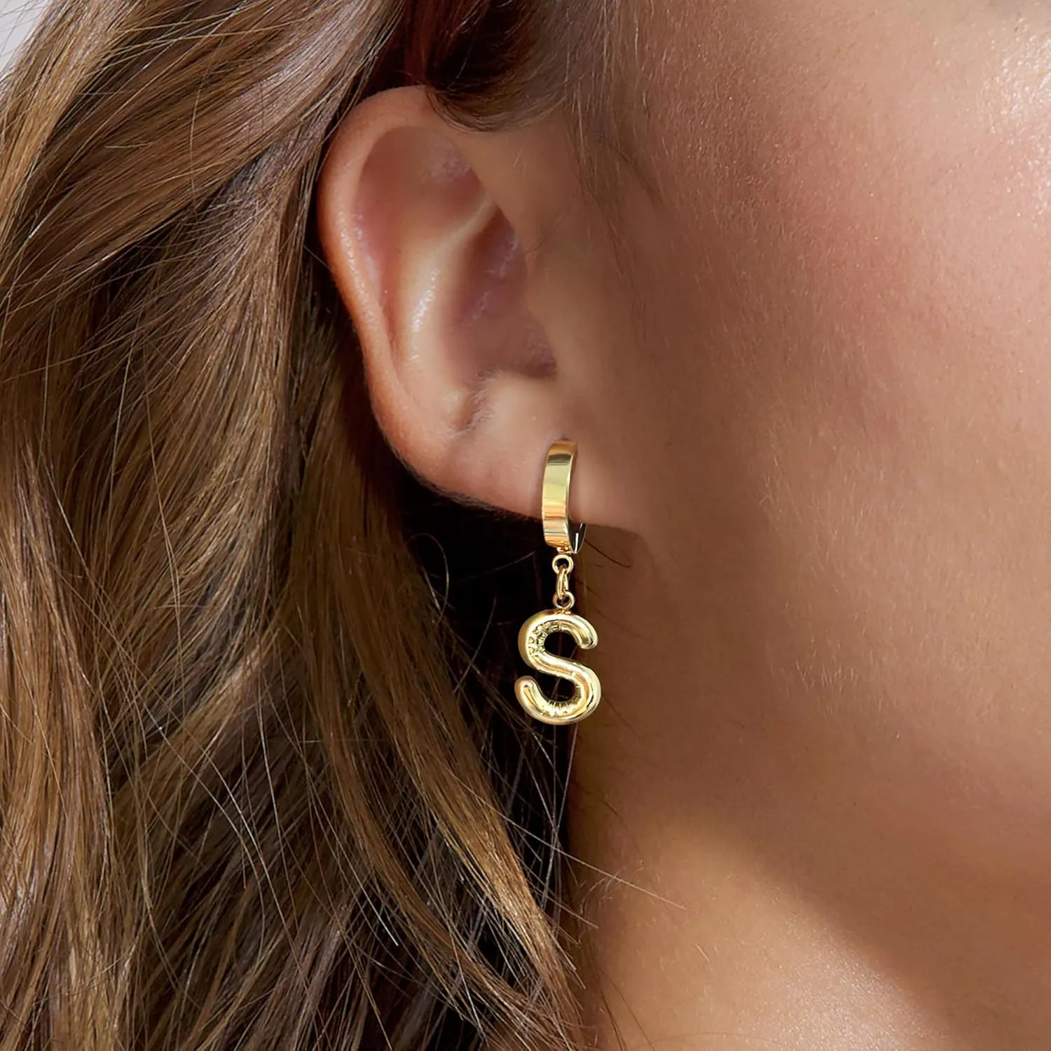 Bubble Hoop Initial Earrings for Women Girls - 18K Gold Plated Hypoallergenic Bubble Ballon Initial Earrings Hoop Earrings Fashion Alphabet Letter Initial Earrings for Women Girls