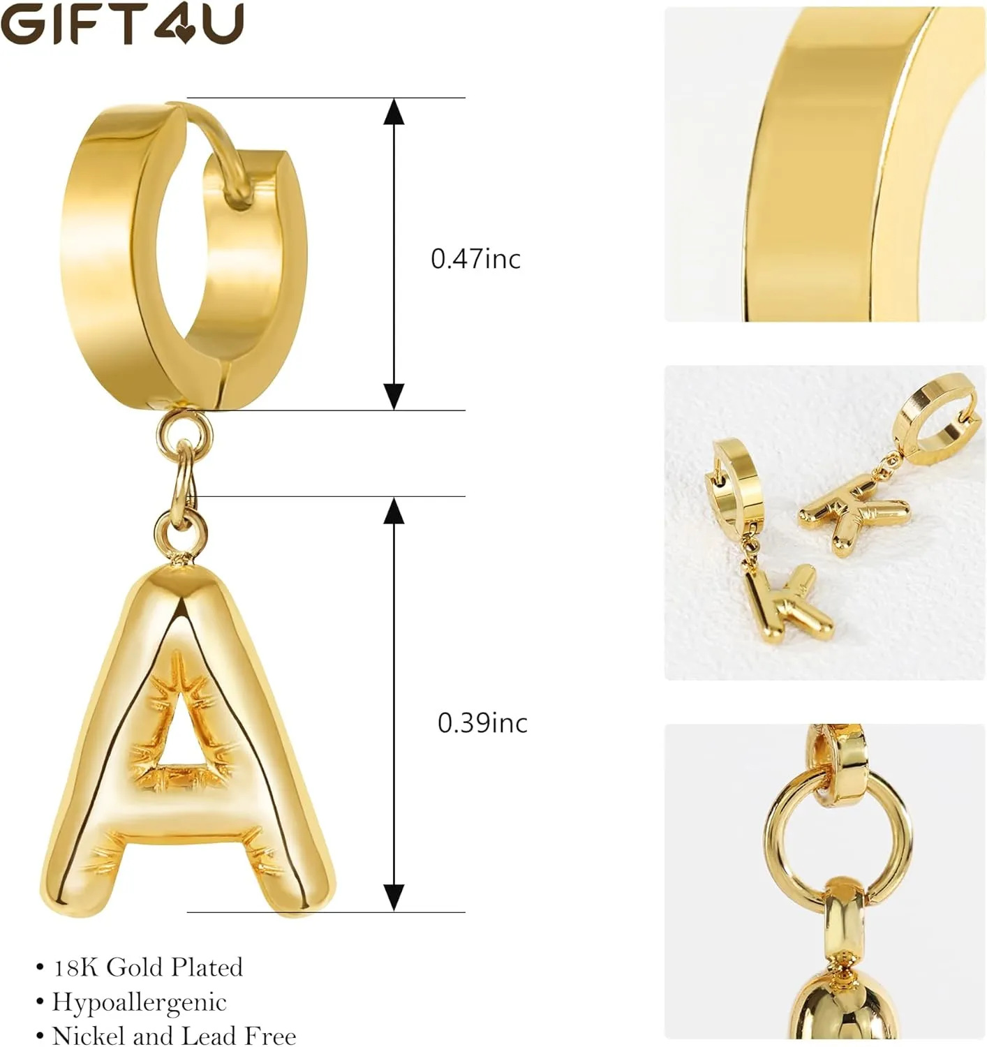 Bubble Hoop Initial Earrings for Women Girls - 18K Gold Plated Hypoallergenic Bubble Ballon Initial Earrings Hoop Earrings Fashion Alphabet Letter Initial Earrings for Women Girls