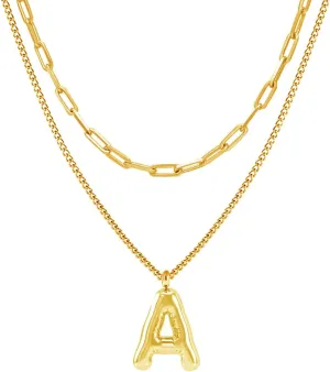 Bubble Initial Necklace Balloon 26 Letter Necklace Pendant Stainless Steel Layered 14K Gold Necklaces for Women