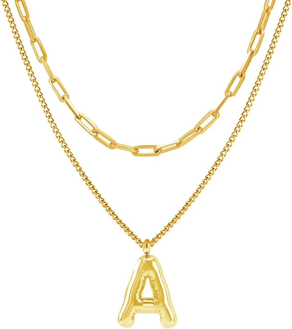 Bubble Initial Necklace Balloon 26 Letter Necklace Pendant Stainless Steel Layered 14K Gold Necklaces for Women