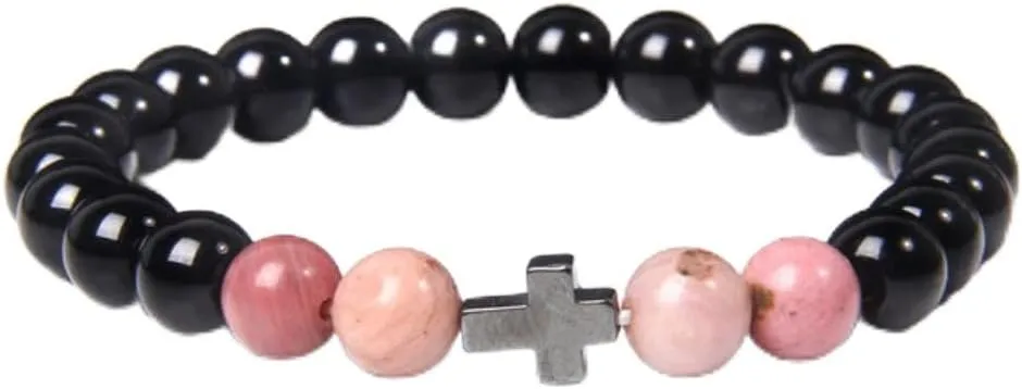 Buddhism Prayer Cross Bracelets Men Natural Healing Energy Polihsed Amethysts Pulsera Women Black Onyx Bangle 17cm Hot Stamping