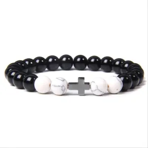Buddhism Prayer Cross Bracelets Men Natural Healing Energy Polihsed Amethysts Pulsera Women Black Onyx Bangle 17cm Vermeil