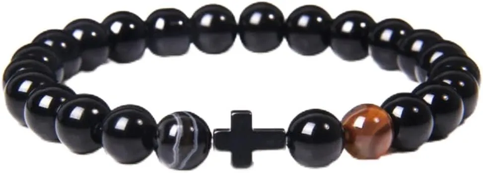 Buddhism Prayer Cross Bracelets Men Natural Healing Energy polihsed amethysts pulsera Women Black Onyx Bangle 19cm Light Yellow Color
