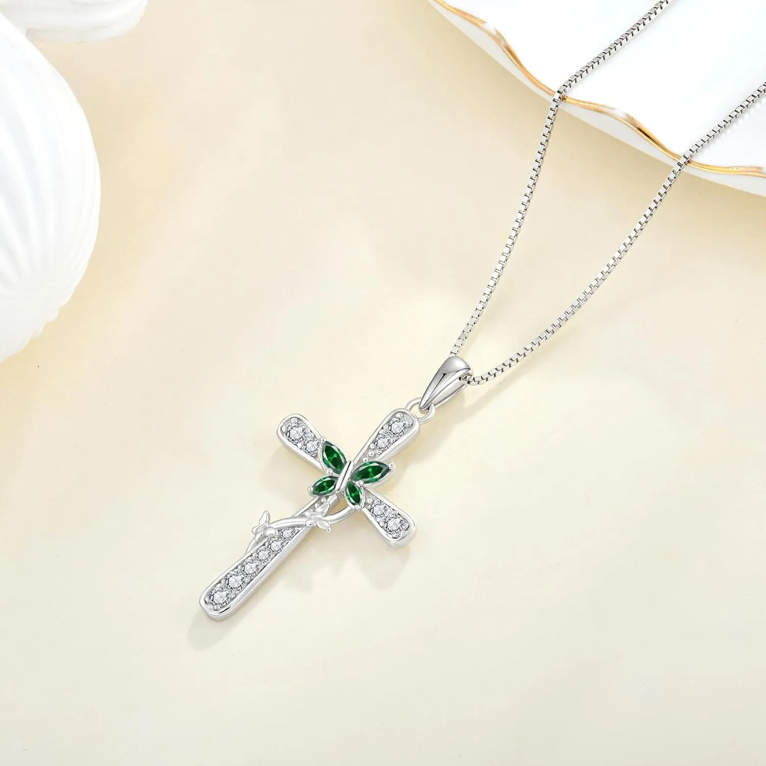 Butterfly Cross Necklace for Women 925 Sterling Silver Birthstone Butterfly Cross Pendant Necklaces Religious Faith Cross Jewelry