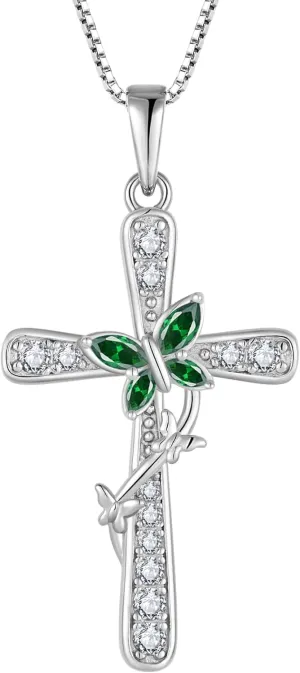 Butterfly Cross Necklace for Women 925 Sterling Silver Birthstone Butterfly Cross Pendant Necklaces Religious Faith Cross Jewelry
