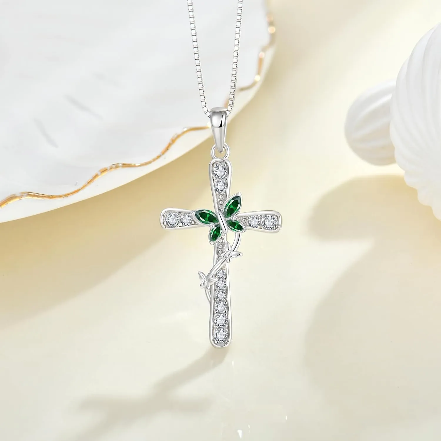 Butterfly Cross Necklace for Women 925 Sterling Silver Birthstone Butterfly Cross Pendant Necklaces Religious Faith Cross Jewelry