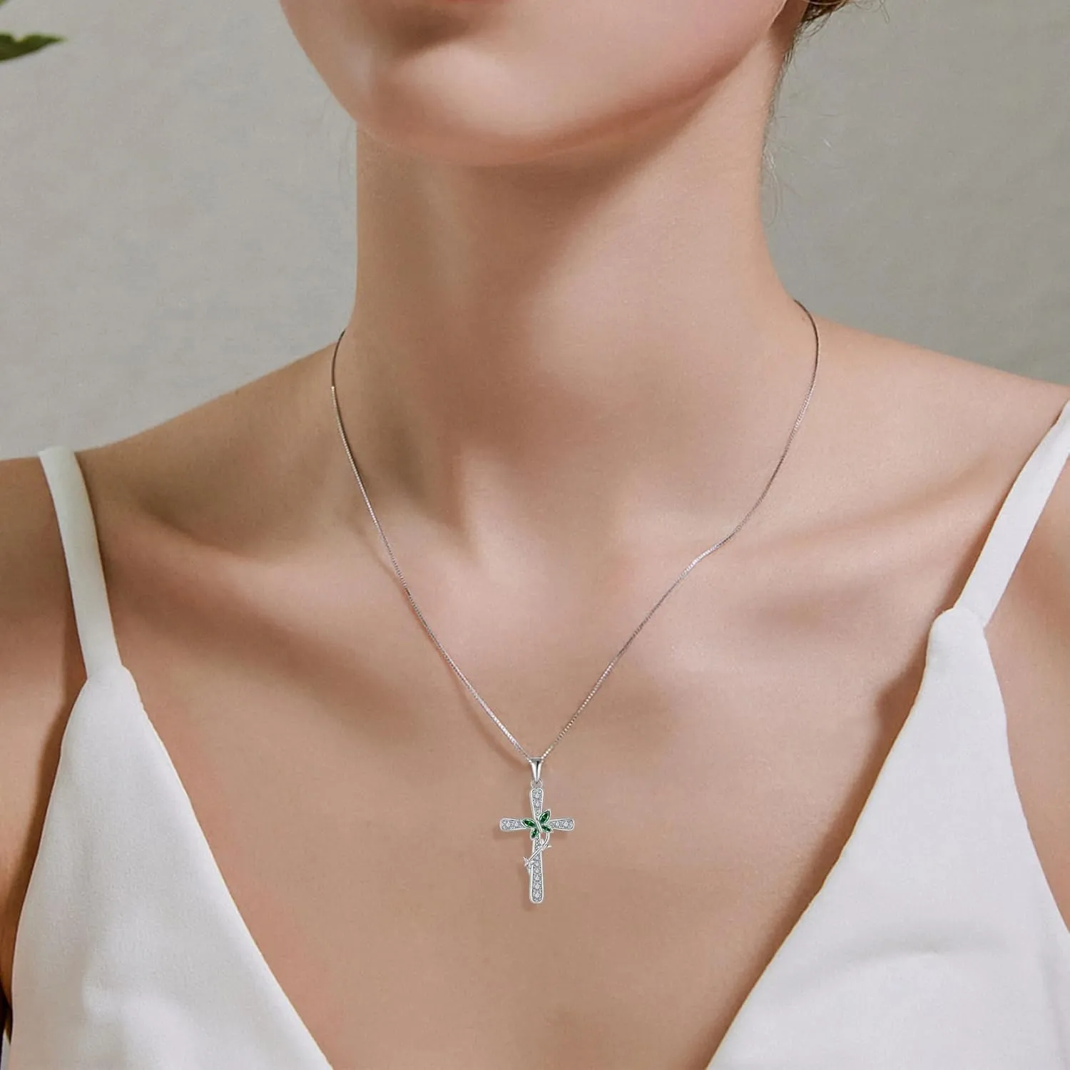 Butterfly Cross Necklace for Women 925 Sterling Silver Birthstone Butterfly Cross Pendant Necklaces Religious Faith Cross Jewelry