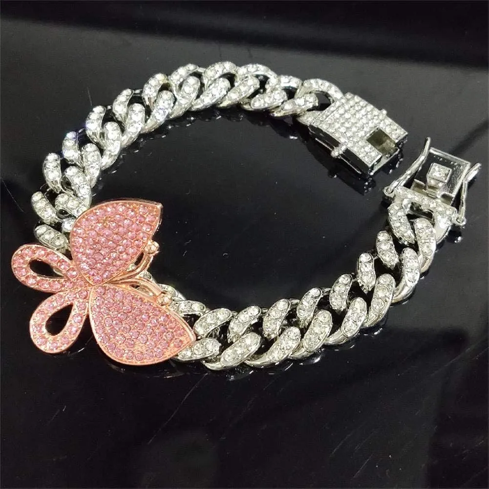 Butterfly Cuban Bracelet Cuban Link Bracelets Pave Iced Out Crystal Bling Butterfly Bracelets Gold Silver Color CZ Butterfly Bracelet Bangle for Women Girl Hip Hop Rapper Jewelry