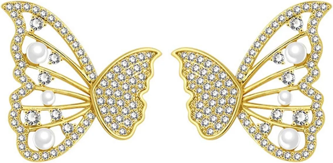 Butterfly Wing Crystal Stud Earrings for Women Gold Plated Simple Hollow Half Moth Wings Glitter Rhinestone Cubic Zirconia Simulated Pearl Small Dainty Earrings for Valentine Graduation Christmas Fashion Jewelry Gifts