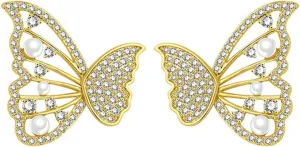 Butterfly Wing Crystal Stud Earrings for Women Gold Plated Simple Hollow Half Moth Wings Glitter Rhinestone Cubic Zirconia Simulated Pearl Small Dainty Earrings for Valentine Graduation Christmas Fashion Jewelry Gifts