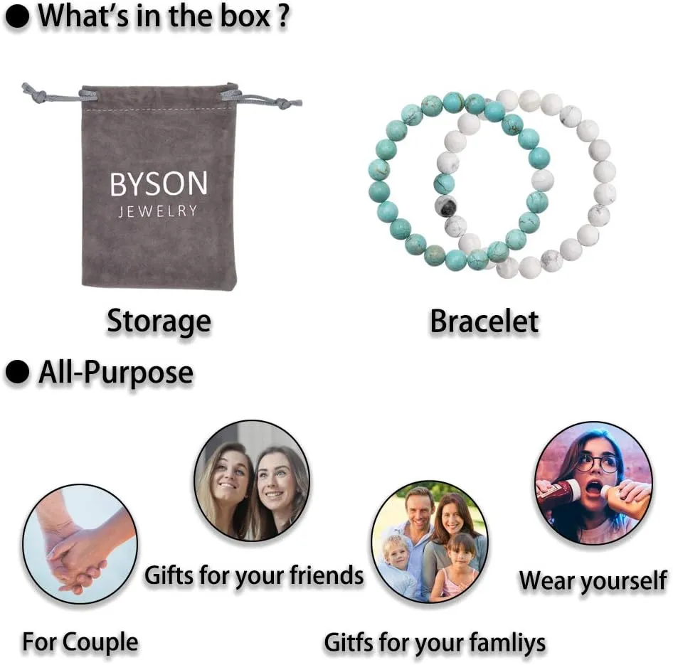 Byson 2 Pcs Couple Distance Relationship Bracelets Black Matte Agate & White Howlite Energy Beads Stone Ying Yang Balance Bracelet Banglet for Lovers Touch Bracelets Long Distance Relationship