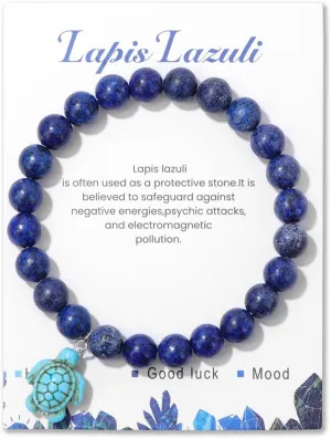 Caiyao Natural Stones Sea Turtle Beaded Bracelet with Cards Amethyst Turquoise Gemstone Turtle Elastic Stretch Bracelet Hawaii Summar Beach Friendship Jewelry for Women Girls Gifts