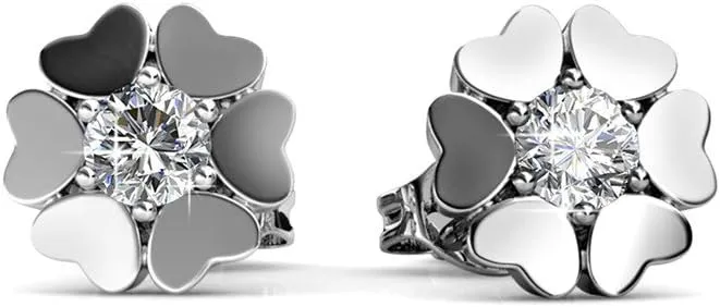 Cate & Chloe Khloe Heart Stud Earrings, 18k White Gold Plated Studs with Unique Heart Halo, Stud Earring Set with Round Cut Solitaire Crystal, Wedding Anniversary Jewelry