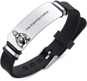 Catholic Religious Bracelets with Jesus Prayer,Customized Saint Jesus Cuff Bracelets Stainless Steel Adjust Silicone God Praying Serenity Bangle Divine Mercy Prayer Gift for Men Women